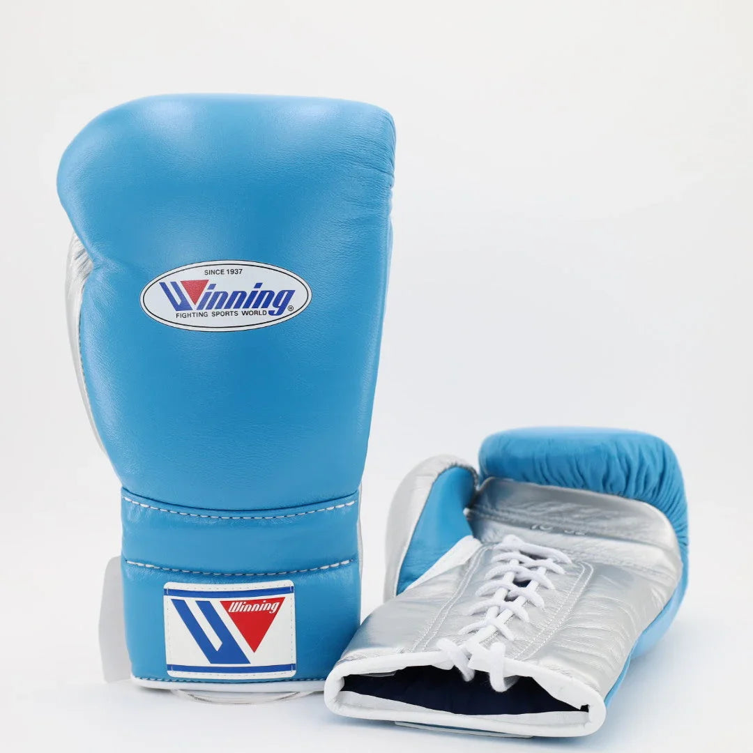 Image of Winning Blue/Silver Boxing Gloves - Lace-Up